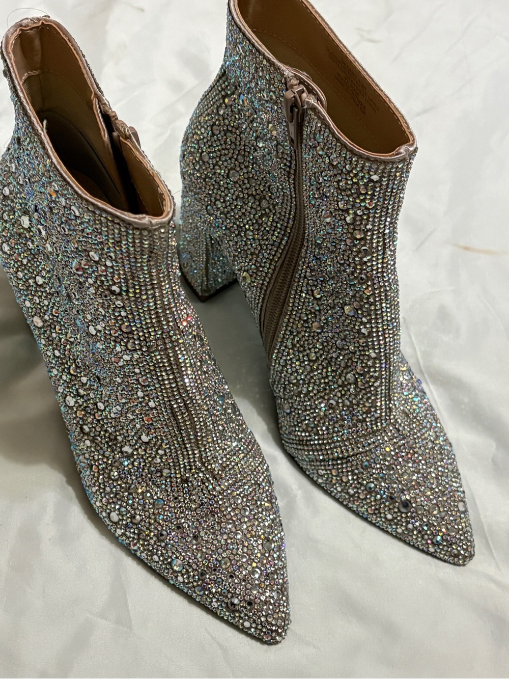 Betsey Johnson Iridescent Crystal-Encrusted Silver Ankle Booties